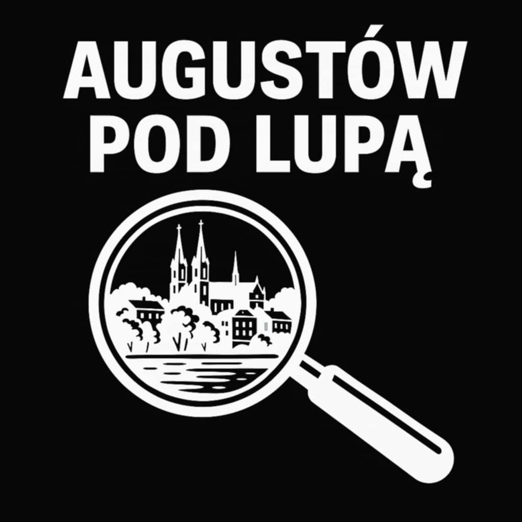 logo z napisem augustów pod lupą czarne