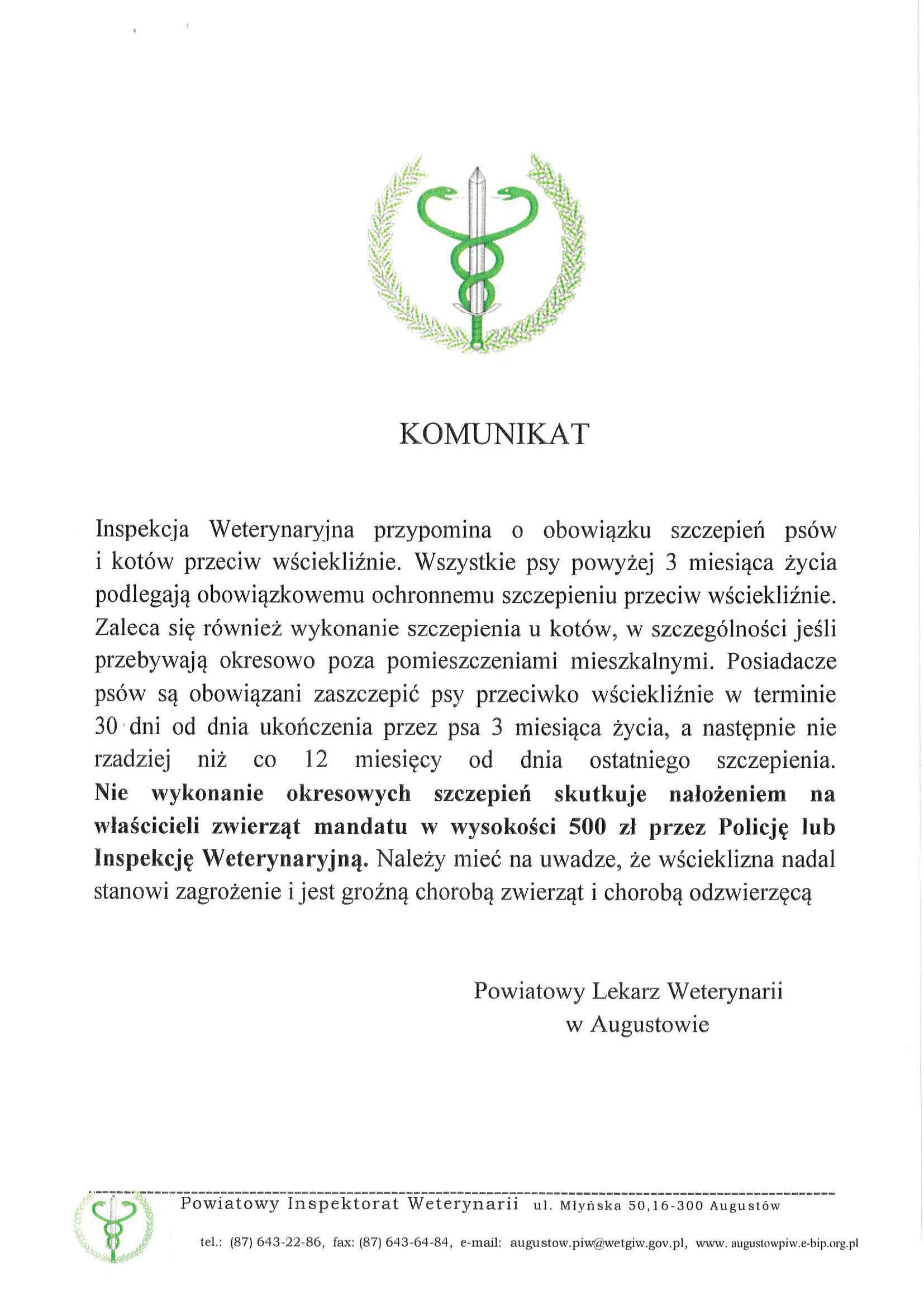 Komunikat Powiatowego Lekarza Weterynarii w Augustowie – szczepienia psów